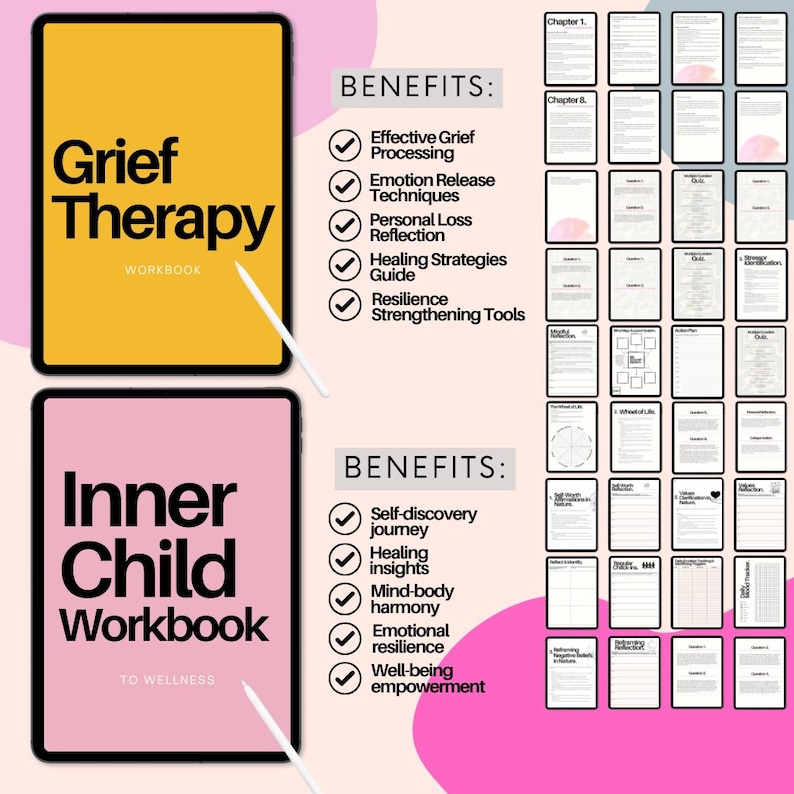 K&ouml;nnte beinhalten: Zwei digitale Arbeitsb&uuml;cher, eines gelb und eines rosa, mit den Titeln "Grief Therapy Workbook" und "Inner Child Workbook". Beide Arbeitsb&uuml;cher enthalten eine Liste von Vorteilen, darunter "Effektive Trauerverarbeitung", "Reise der Selbstfindung" und "Heilsame Erkenntnisse".