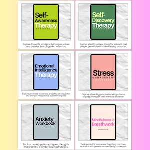 Workbook library featuring Self-Awareness, Self-Discovery, Emotional Intelligence, Stress Management, Anxiety and Mindfulness and Breathwork resources with guided reflection and worksheets.
