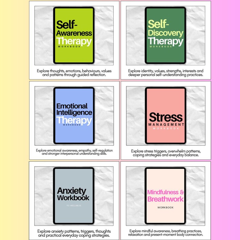 Workbook library featuring Self-Awareness, Self-Discovery, Emotional Intelligence, Stress Management, Anxiety and Mindfulness and Breathwork resources with guided reflection and worksheets.