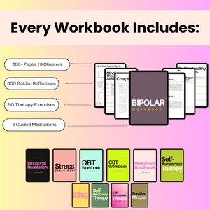 May include: A Bipolar Workbook featuring 300+ pages, 8 chapters, 300 guided reflections, 50 therapy exercises, and 8 guided meditations. The display shows multiple workbook covers with titles including Emotional Regulation, Stress Management, and DBT.