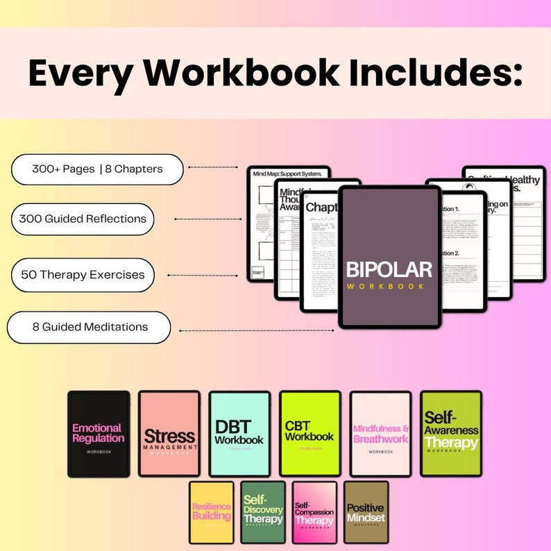 May include: A Bipolar Workbook featuring 300+ pages, 8 chapters, 300 guided reflections, 50 therapy exercises, and 8 guided meditations. The display shows multiple workbook covers with titles including Emotional Regulation, Stress Management, and DBT.
