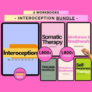 May include: A collection of six workbooks displayed on a pink backdrop. The workbooks cover topics like "Interoception", "Somatic Therapy", and "Mindfulness & Breathwork". The bundle is titled "Interoception Bundle" and includes a "Download PDF Now" button.