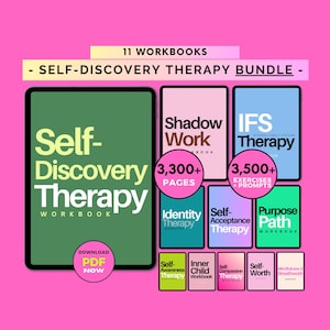 May include: A digital bundle of 11 workbooks titled Self-Discovery Therapy, featuring a large green tablet display and smaller colorful covers. Text includes 3,300+ pages, 3,500+ exercises + prompts, and Download PDF Now. Titles include Shadow Work and IFS Therapy.
