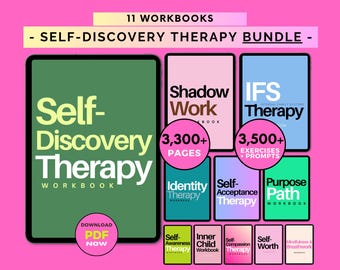 May include: A digital bundle of 11 workbooks titled Self-Discovery Therapy, featuring a large green tablet display and smaller colorful covers. Text includes 3,300+ pages, 3,500+ exercises + prompts, and Download PDF Now. Titles include Shadow Work and IFS Therapy.