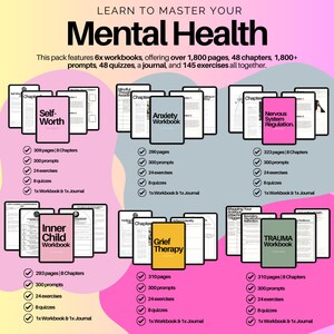 May include: A pack of six workbooks for mental health, with titles including "Self-Worth," "Anxiety Workbook," and "Trauma Workbook." Each workbook offers prompts, exercises, and quizzes. The image includes the text "Learn to Master Your Mental Health."