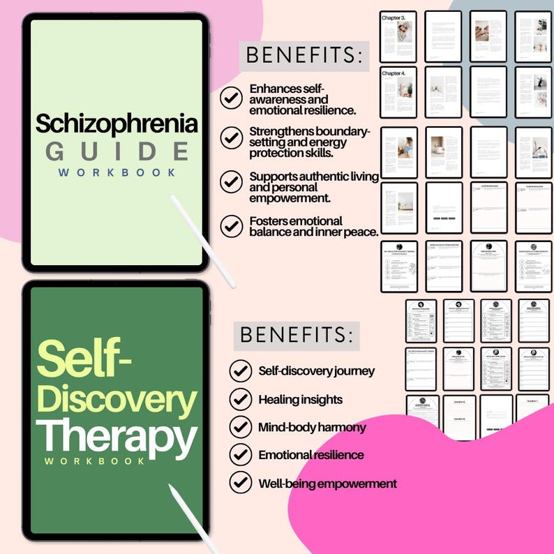 May include: Two digital workbooks are displayed, one labelled "Schizophrenia GUIDE WORKBOOK" and the other "Self-Discovery Therapy WORKBOOK." The image also lists benefits for each workbook, including self-discovery and emotional resilience.
