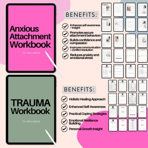May include: Two pink and green digital tablet covers with the text "Anxious Attachment Workbook" and "Trauma Workbook" on the covers. Both covers have a checklist of benefits for using the workbooks.
