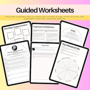 Guided ADHD and executive function worksheets with structured activities, self-assessments, reflection exercises and questions for productivity, organization, habits and personal growth.