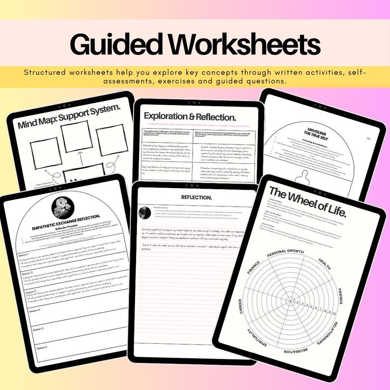 Guided ADHD and executive function worksheets with structured activities, self-assessments, reflection exercises and questions for productivity, organization, habits and personal growth.
