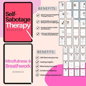 May include: Two pink and white digital workbooks with the titles "Self-Sabotage Therapy Workbook" and "Mindfulness & Breathwork Workbook". Both workbooks have a checklist of benefits with checkmarks next to each item.
