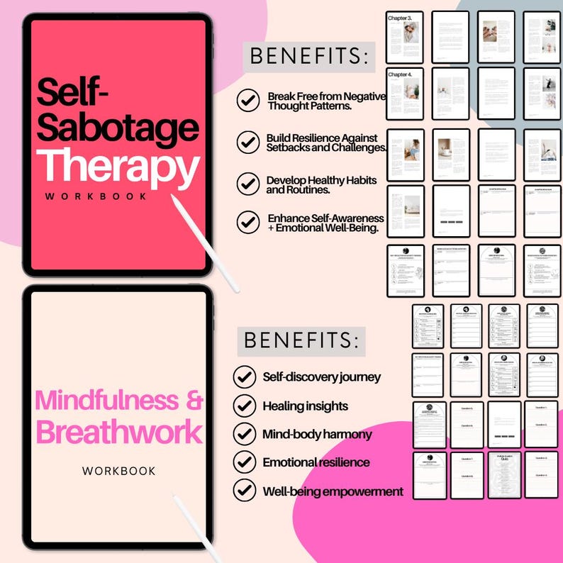May include: Two pink and white digital workbooks with the titles "Self-Sabotage Therapy Workbook" and "Mindfulness & Breathwork Workbook". Both workbooks have a checklist of benefits with checkmarks next to each item.
