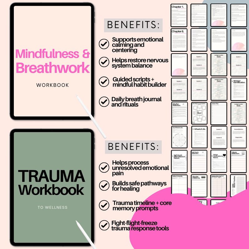 K&ouml;nnte beinhalten: Zwei digitale Arbeitsb&uuml;cher werden gezeigt, eines mit dem Titel "Mindfulness & Breathwork Workbook" und das andere "TRAUMA Workbook". Das erste ist rosa und das zweite gr&uuml;n. Das Bild zeigt auch eine Liste der Vorteile f&uuml;r jedes Arbeitsbuch.
