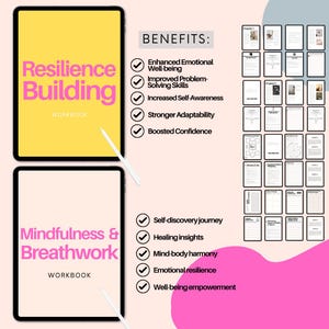 May include: Digital workbooks for resilience and mindfulness. The top workbook is titled "Resilience Building" in pink and yellow, with a stylus. The bottom workbook is titled "Mindfulness & Breathwork". Benefits are listed.