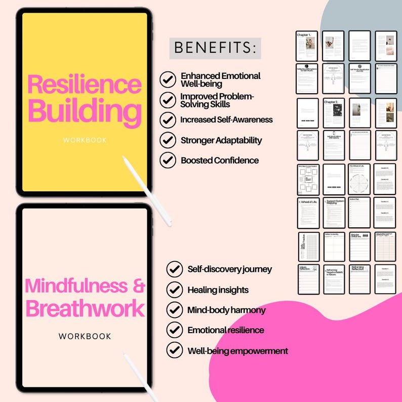 May include: Digital workbooks for resilience and mindfulness. The top workbook is titled "Resilience Building" in pink and yellow, with a stylus. The bottom workbook is titled "Mindfulness & Breathwork". Benefits are listed.