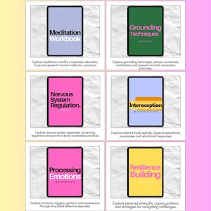 ADHD support workbook library featuring Meditation, Grounding Techniques, Nervous System Regulation, Interoception, Processing Emotions and Resilience Building worksheets and practical resources.