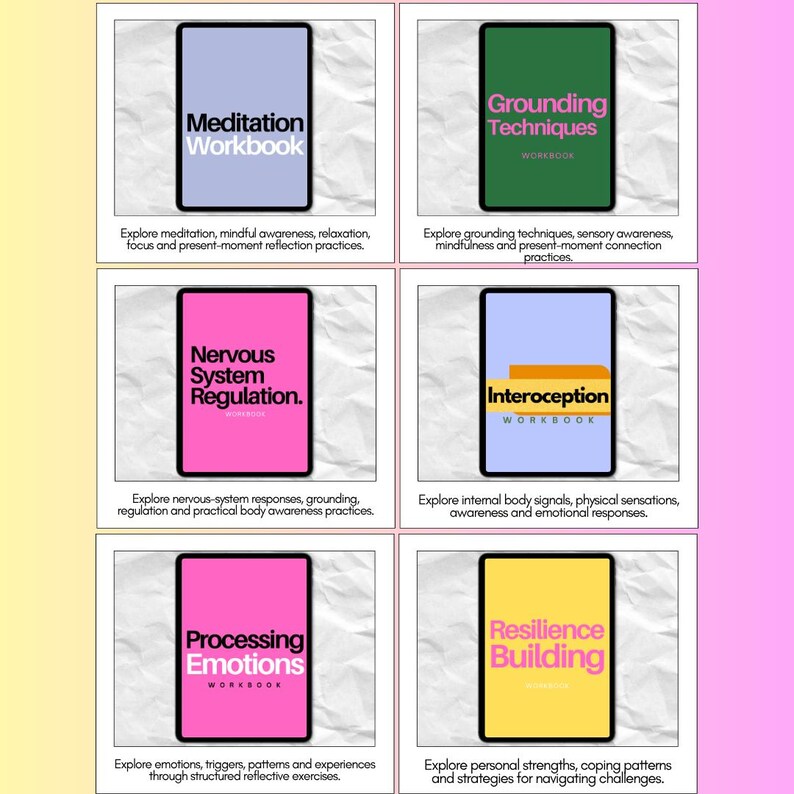 ADHD support workbook library featuring Meditation, Grounding Techniques, Nervous System Regulation, Interoception, Processing Emotions and Resilience Building worksheets and practical resources.