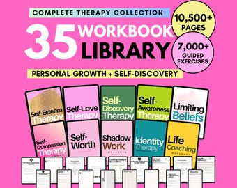35 Personal Growth & Self-Discovery Workbook Library: Shadow Work | Self-Love + Compassion + Esteem + Acceptance Therapy Worksheet Workbooks