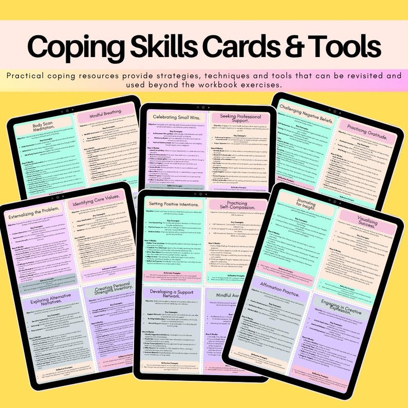 Printable coping skills cards and practical tools featuring mindful breathing, self-compassion, support networks, affirmations, gratitude, journaling and strategies for emotional regulation and wellbeing.