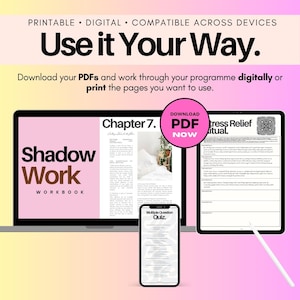 May include: A digital Shadow Work workbook displayed on a laptop, tablet, and smartphone. The screen shows text including Chapter 7, a Multiple-Question Quiz, and a Stress Relief Ritual. A pink circular badge reads Download PDF Now.