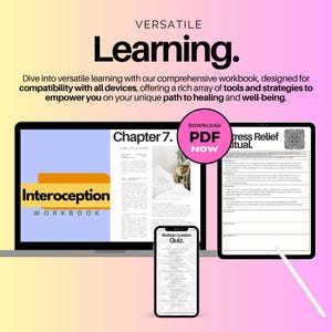 K&ouml;nnte beinhalten: Digitales Lern-Grafik mit dem Wort "Learning" in fetter Schrift. Ein Laptop, Tablet und Telefon zeigen Arbeitsbuchseiten an. Der Text enth&auml;lt "Interoception Workbook" und "Chapter 7.".
