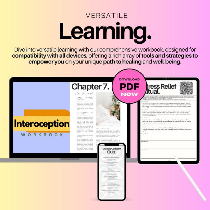 K&ouml;nnte beinhalten: Digitales Lern-Grafik mit dem Wort "Learning" in fetter Schrift. Ein Laptop, Tablet und Telefon zeigen Arbeitsbuchseiten an. Der Text enth&auml;lt "Interoception Workbook" und "Chapter 7.".