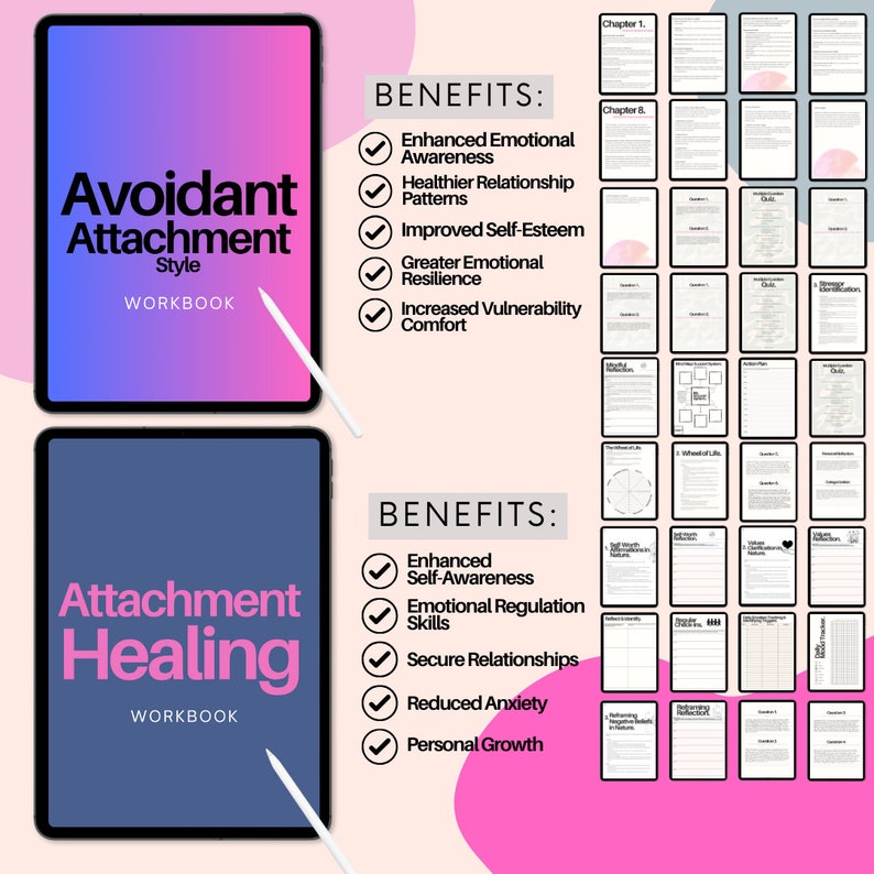 May include: Two digital workbooks on a pink background. The top workbook is titled "Avoidant Attachment Style WORKBOOK" with a gradient of purple and blue. The bottom workbook is titled "Attachment Healing WORKBOOK" in pink. Benefits are listed for each workbook.
