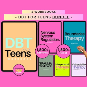 May include: A collection of six workbooks for teenagers, labelled "DBT for Teens Bundle." The workbooks cover topics such as nervous system regulation, boundaries therapy, trauma, interpersonal therapy, and vulnerability therapy. The bundle includes over 1,800 prompts and pages. The background is pink.