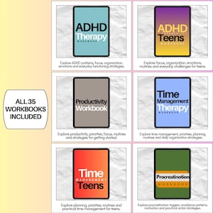 ADHD workbook collection featuring ADHD Therapy, ADHD for Teens, Productivity, Time Management, Time Management for Teens and Procrastination workbooks for executive function and organization.