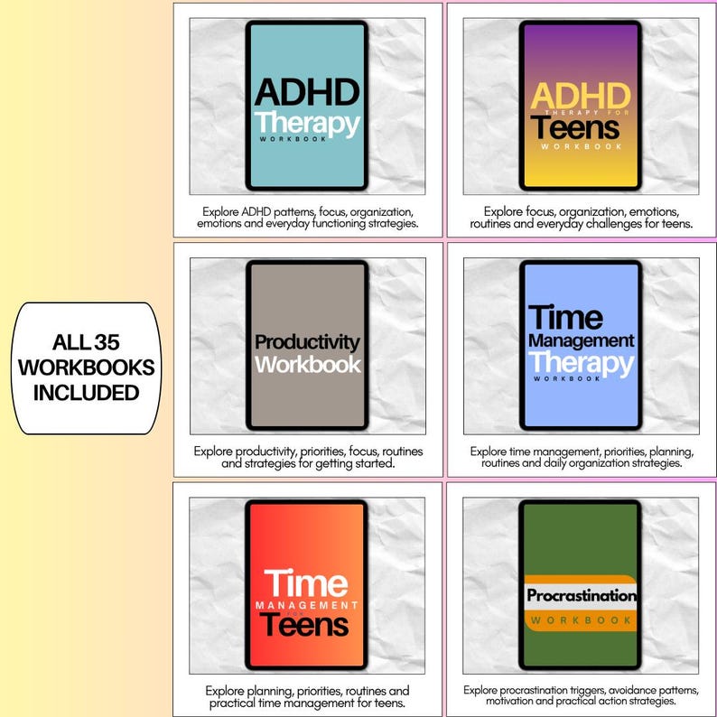 ADHD workbook collection featuring ADHD Therapy, ADHD for Teens, Productivity, Time Management, Time Management for Teens and Procrastination workbooks for executive function and organization.