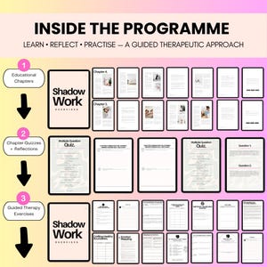 May include: A digital program overview titled INSIDE THE PROGRAMME, featuring three sections: Educational Chapters, Chapter Quizzes + Reflections, and Guided Therapy Exercises. It displays multiple page layouts for Shadow Work Exercises.