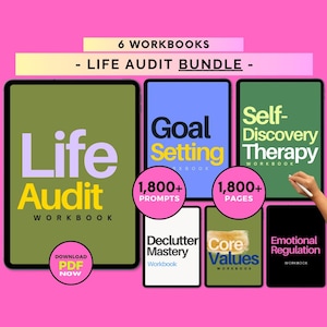 Könnte beinhalten: Ein Set aus sechs digitalen Arbeitsbüchern für persönliches Wachstum und Selbstverbesserung. Die Arbeitsbücher beinhalten Titel wie "Lebensaudit", "Zielsetzung", "Selbstfindungstherapie", "Entrümpelungskompetenz", "Kernwerte" und "Emotionale Regulierung". Jedes Arbeitsbuch hat ein farbenfrohes Design mit einem Titel in Fettdruck und einer Beschreibung.