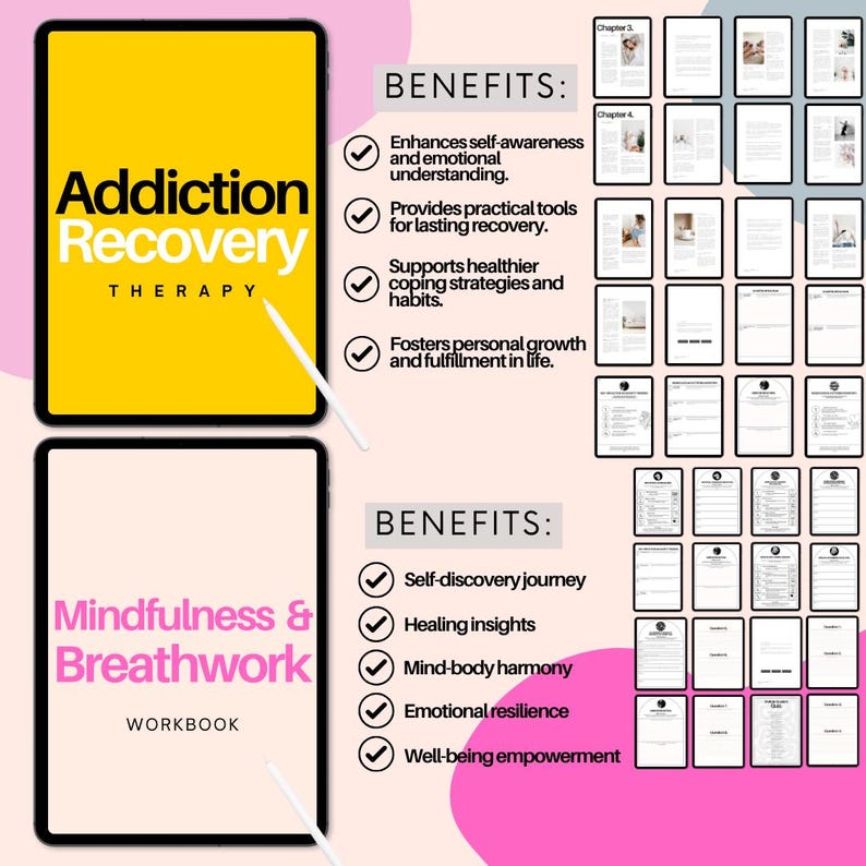 May include: Two digital tablet mockups with yellow and pink backgrounds. The left tablet shows a yellow background with the text "Addiction Recovery Therapy" and a list of benefits. The right tablet shows a pink background with the text "Mindfulness & Breathwork Workbook" and a list of benefits.