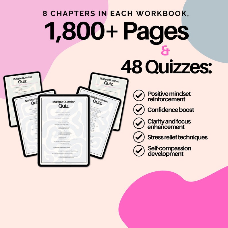 May include: Image features workbooks with the text "Multiple Question Quiz." The image highlights the workbook's features: 8 chapters, 1,800+ pages, and 48 quizzes. Benefits include positive mindset reinforcement, confidence boost, and stress relief techniques.