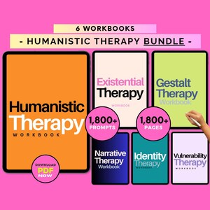 May include: A bundle of six workbooks for humanistic therapy, including Existential, Gestalt, Narrative, Identity, and Vulnerability Therapy. The workbooks have over 1,800 prompts and pages. The cover of the first workbook is orange with the words "Humanistic Therapy Workbook".