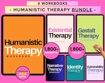 May include: A bundle of six workbooks for humanistic therapy, including Existential, Gestalt, Narrative, Identity, and Vulnerability Therapy. The workbooks have over 1,800 prompts and pages. The cover of the first workbook is orange with the words "Humanistic Therapy Workbook".