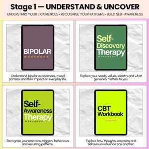 May include: A four-panel graphic titled Stage 1 - UNDERSTAND & UNCOVER. It displays four workbooks: Bipolar Workbook in purple, Self-Discovery Therapy Workbook in green, Self-Awareness Therapy Workbook in lime, and CBT Workbook in yellow.