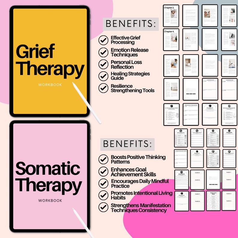 May include: Two digital workbooks, one titled "Grief Therapy" and the other titled "Somatic Therapy". Both workbooks have a checklist of benefits. The "Grief Therapy" workbook has a yellow background and the "Somatic Therapy" workbook has a pink background.