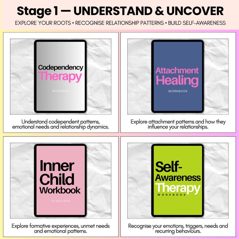 K&ouml;nnte beinhalten: Eine Grafik mit vier Feldern unter dem Titel Stage 1 - UNDERSTAND & UNCOVER. Sie zeigt vier digitale Arbeitsb&uuml;cher: Codependency Therapy in Wei&szlig; und Pink, Attachment Healing in Blau und Pink, Inner Child Workbook in Pink und Schwarz sowie Self-Awareness Therapy in Limettengr&uuml;n und Schwarz.