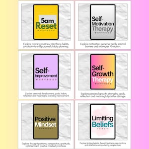Personal growth workbook collection featuring 5AM Reset, Self-Motivation, Self-Improvement, Self-Growth, Positive Mindset and Limiting Beliefs resources for habits, productivity and motivation.
