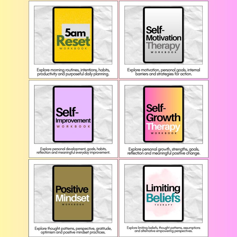 Personal growth workbook collection featuring 5AM Reset, Self-Motivation, Self-Improvement, Self-Growth, Positive Mindset and Limiting Beliefs resources for habits, productivity and motivation.