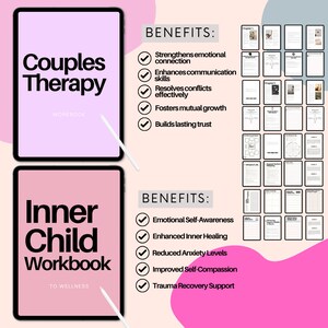 May include: Digital workbooks for couples therapy and inner child work are shown on tablets. The "Couples Therapy Workbook" promises to enhance communication and resolve conflicts. The "Inner Child Workbook" aims to improve self-awareness and support trauma recovery.