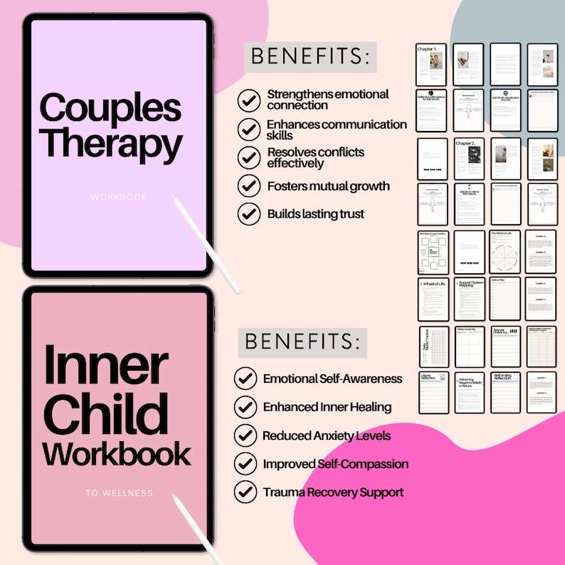 May include: Digital workbooks for couples therapy and inner child work are shown on tablets. The "Couples Therapy Workbook" promises to enhance communication and resolve conflicts. The "Inner Child Workbook" aims to improve self-awareness and support trauma recovery.
