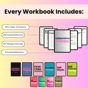 K&ouml;nnte beinhalten: Ein digitales Arbeitsbuch mit dem Titel Codependency Therapy mit einem rosa-schwarzen Einband. Die Grafik listet Funktionen auf, darunter 300+ Seiten, 8 Kapitel, 300 gef&uuml;hrte Reflexionen, 50 Therapie&uuml;bungen und 8 gef&uuml;hrte Meditationen. Darunter 12 kleine Cover.
