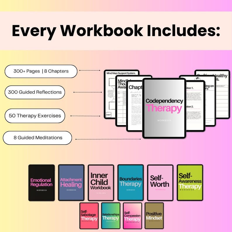 K&ouml;nnte beinhalten: Ein digitales Arbeitsbuch mit dem Titel Codependency Therapy mit einem rosa-schwarzen Einband. Die Grafik listet Funktionen auf, darunter 300+ Seiten, 8 Kapitel, 300 gef&uuml;hrte Reflexionen, 50 Therapie&uuml;bungen und 8 gef&uuml;hrte Meditationen. Darunter 12 kleine Cover.