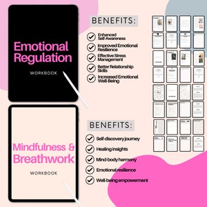 May include: Two black and white workbooks with pink backgrounds. The first workbook is titled "Emotional Regulation Workbook" and lists benefits such as enhanced self-awareness, improved emotional resilience, and increased emotional well-being. The second workbook is titled "Mindfulness & Breathwork Workbook" and lists benefits such as self-discovery journey, healing insights, and well-being empowerment.