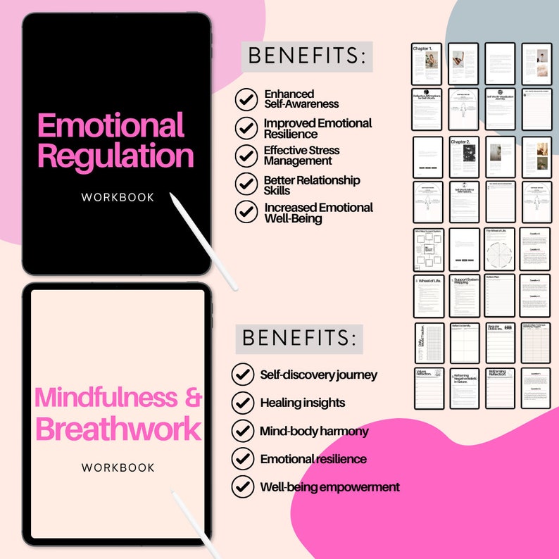 May include: Two black and white workbooks with pink backgrounds. The first workbook is titled "Emotional Regulation Workbook" and lists benefits such as enhanced self-awareness, improved emotional resilience, and increased emotional well-being. The second workbook is titled "Mindfulness & Breathwork Workbook" and lists benefits such as self-discovery journey, healing insights, and well-being empowerment.
