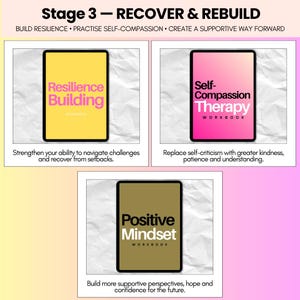 May include: Three digital workbooks titled Resilience Building, Self-Compassion Therapy, and Positive Mindset. The first is yellow with pink text, the second is a pink gradient with black text, and the third is olive green with black text.