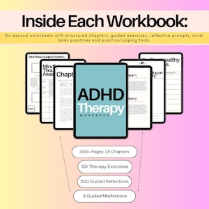 Inside an ADHD therapy workbook with 300+ pages, educational chapters, guided reflections, worksheets, exercises and practical tools for ADHD, executive function, organization and emotional regulation.
