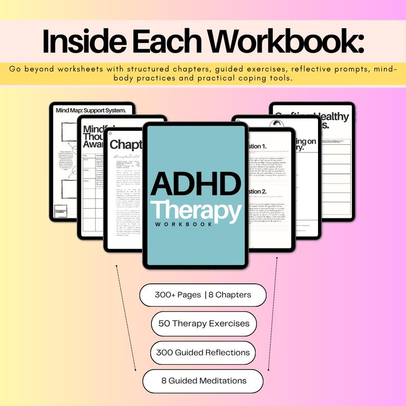 Inside an ADHD therapy workbook with 300+ pages, educational chapters, guided reflections, worksheets, exercises and practical tools for ADHD, executive function, organization and emotional regulation.