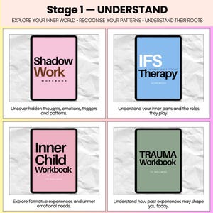 May include: A four-panel graphic titled Stage 1 - UNDERSTAND featuring four workbooks. The pink Shadow Work Workbook, blue IFS Therapy Workbook, pink Inner Child Workbook, and green Trauma Workbook each include descriptive text about their purpose.